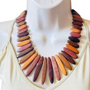 Vtg Wood Bid‎ Necklace Retro chunky Beads Tri-Color Statement Panel beads 17"L